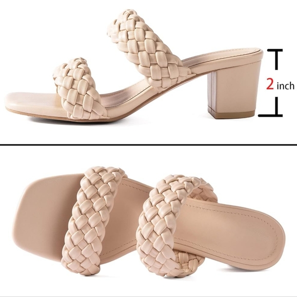 N.N.G Women Heels Sandals Braided Block Nude Summer Chunky Square Leather Sz 10 - Picture 3 of 8